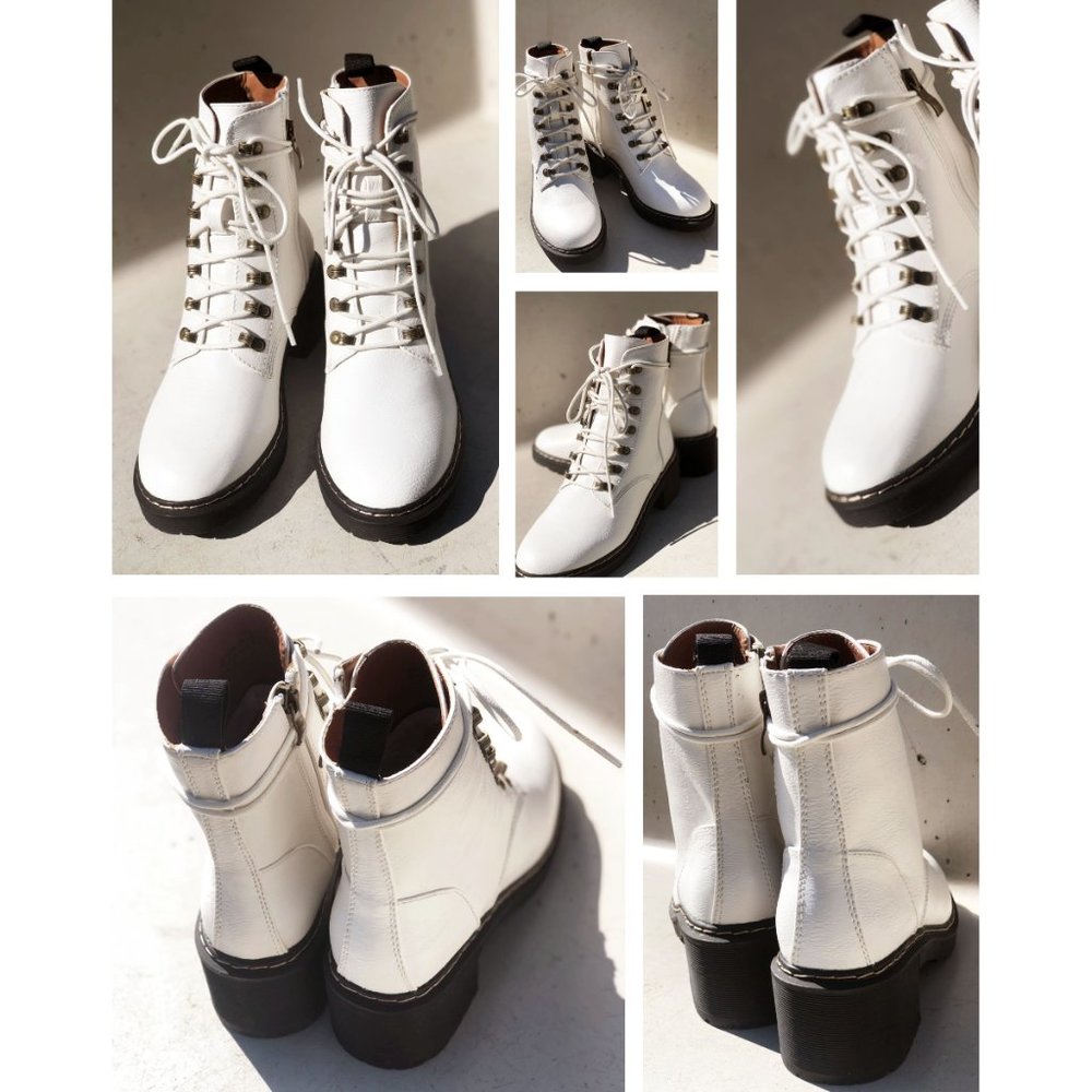 NEW White Faux Vegan Leather Laced Up Lug Sole Platform Ankle Combat Boots Shoes - Picture 10 of 12